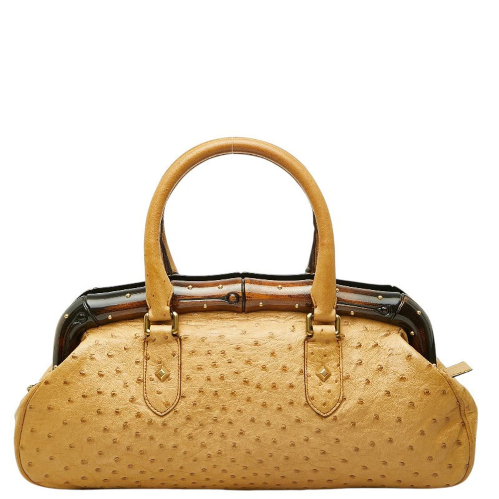 Gucci Bamboo Studded Handbag Beige Cream Ostrich Leather